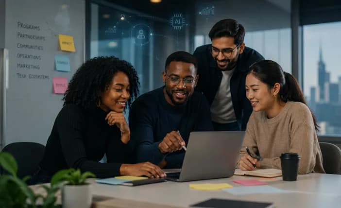 Professionals collaborating around a laptop