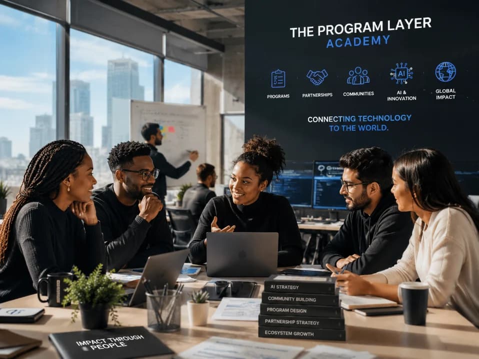 Team working together with The Program Layer Academy branding